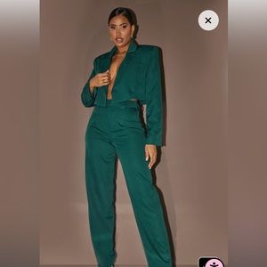 Forest Green Woven High Waist Straight Leg Pants and Blazer
